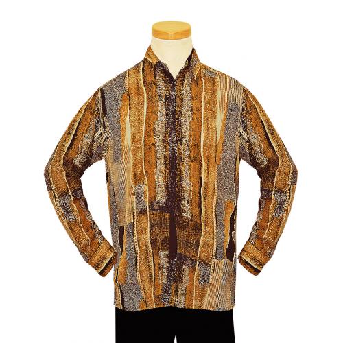Bassiri Gold / Black / Cream Artistic Design Microfiber Long Sleeves Shirt 4983